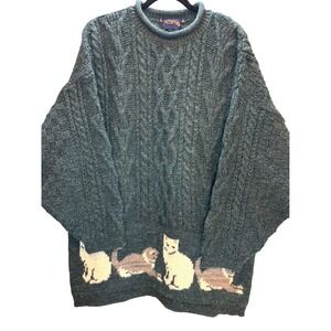 Vtg Acorn Sweater Mens XL Green Cat Cable Knit 100% Wool Grandmacore Chunky Cozy